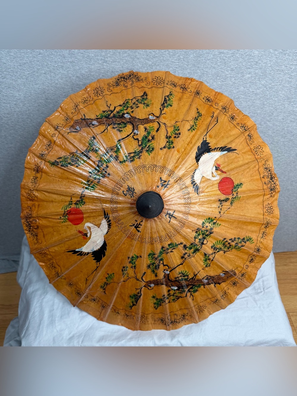 Vintage Hand Painted Rice Paper and Bamboo Asian Parasol Cranes and Trees 21”
